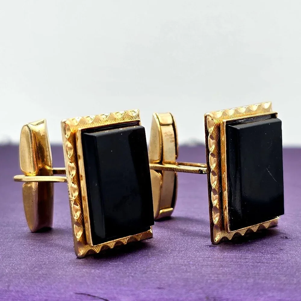 VTG Gold Finish Postage Stamp Rectangle Black MCM Mid Century Modern Cuff Links